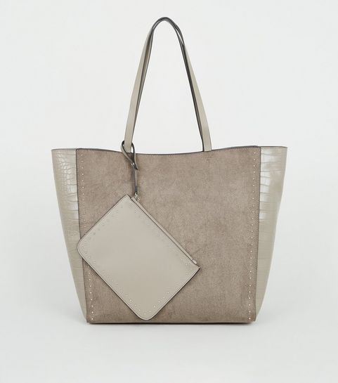 Grey Leather-Look Studded Tote Bag