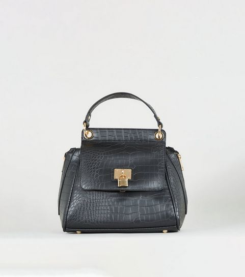 Black Faux Croc Padlock Satchel
