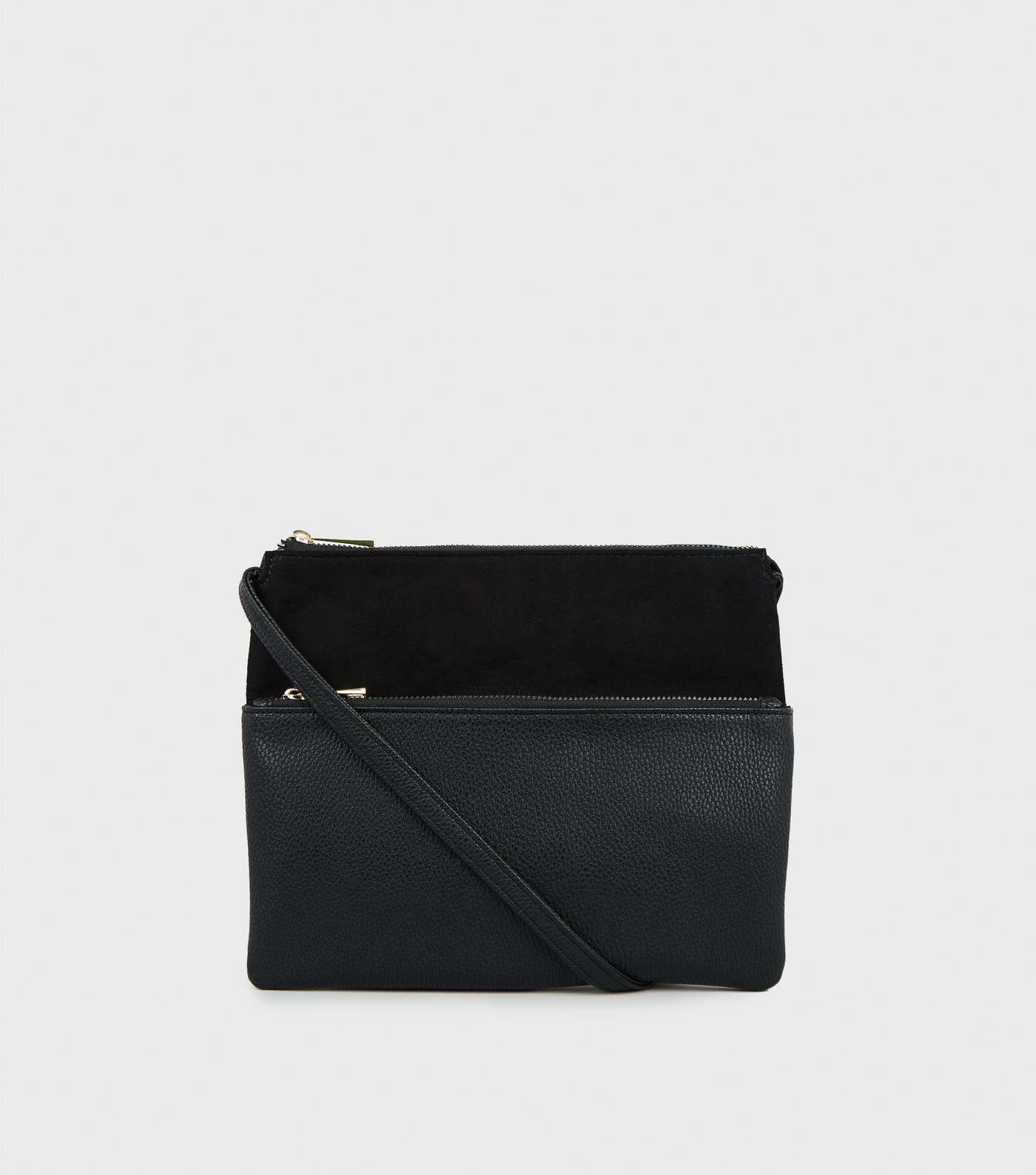 Black Leather-Look Double Pocket Shoulder Bag