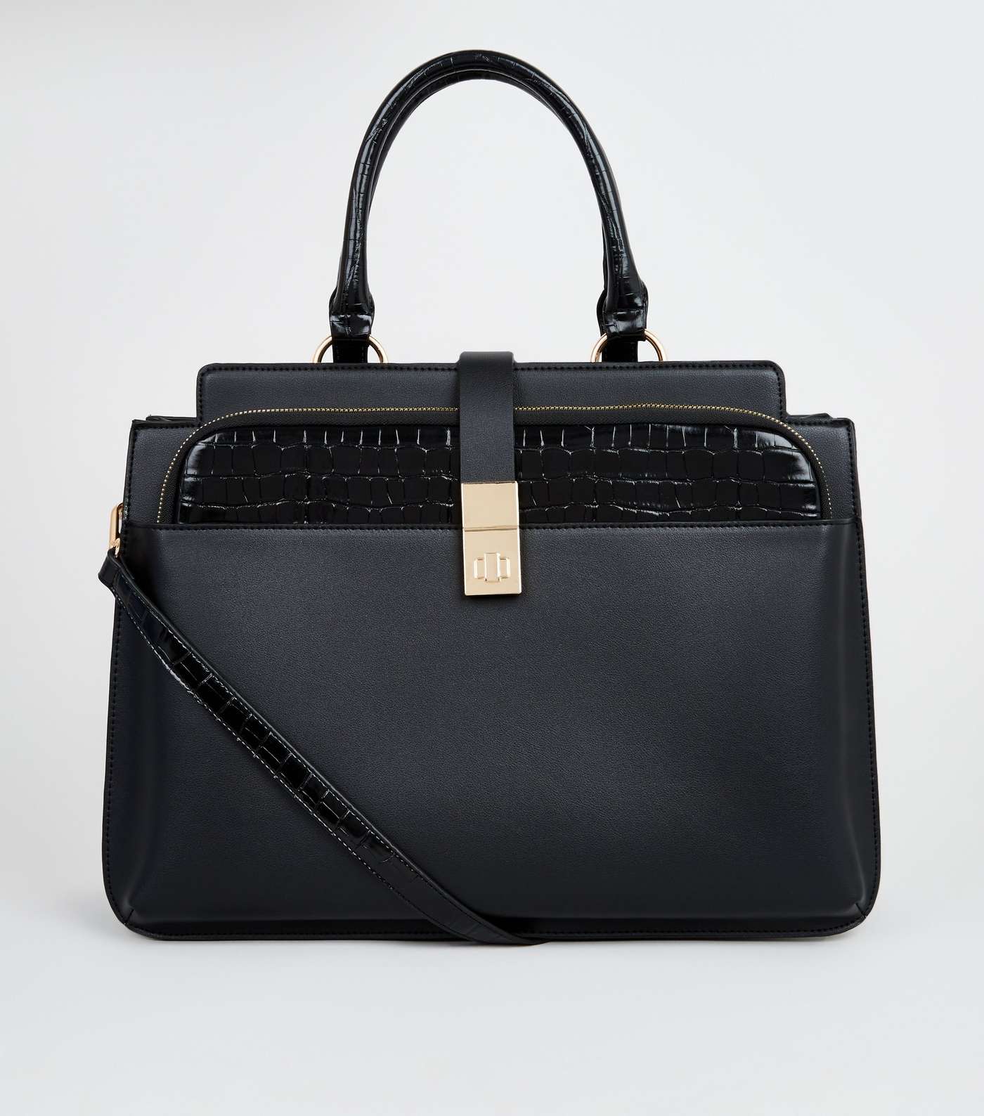 Black Leather-Look Faux Croc Strap Laptop Bag