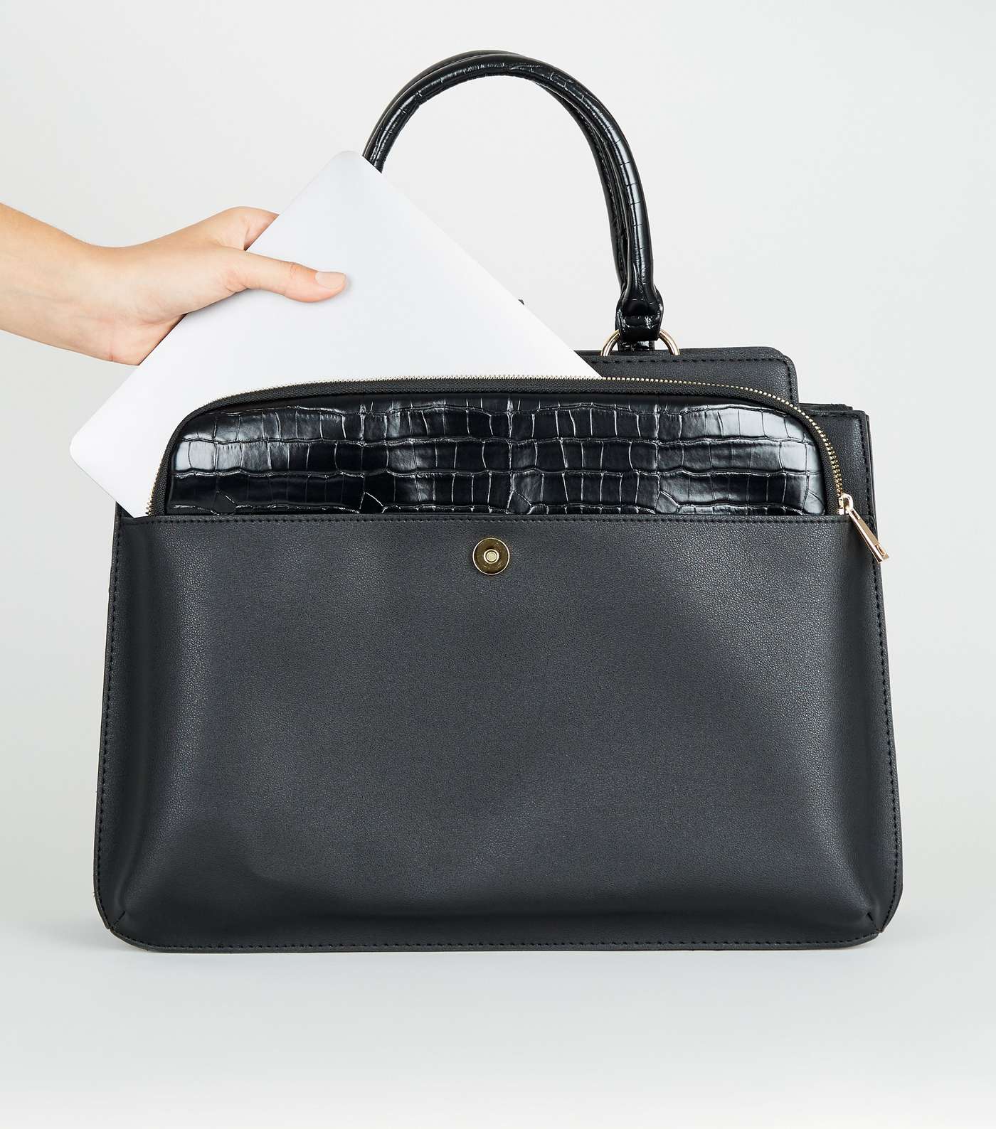 Black Leather-Look Faux Croc Strap Laptop Bag Image 5