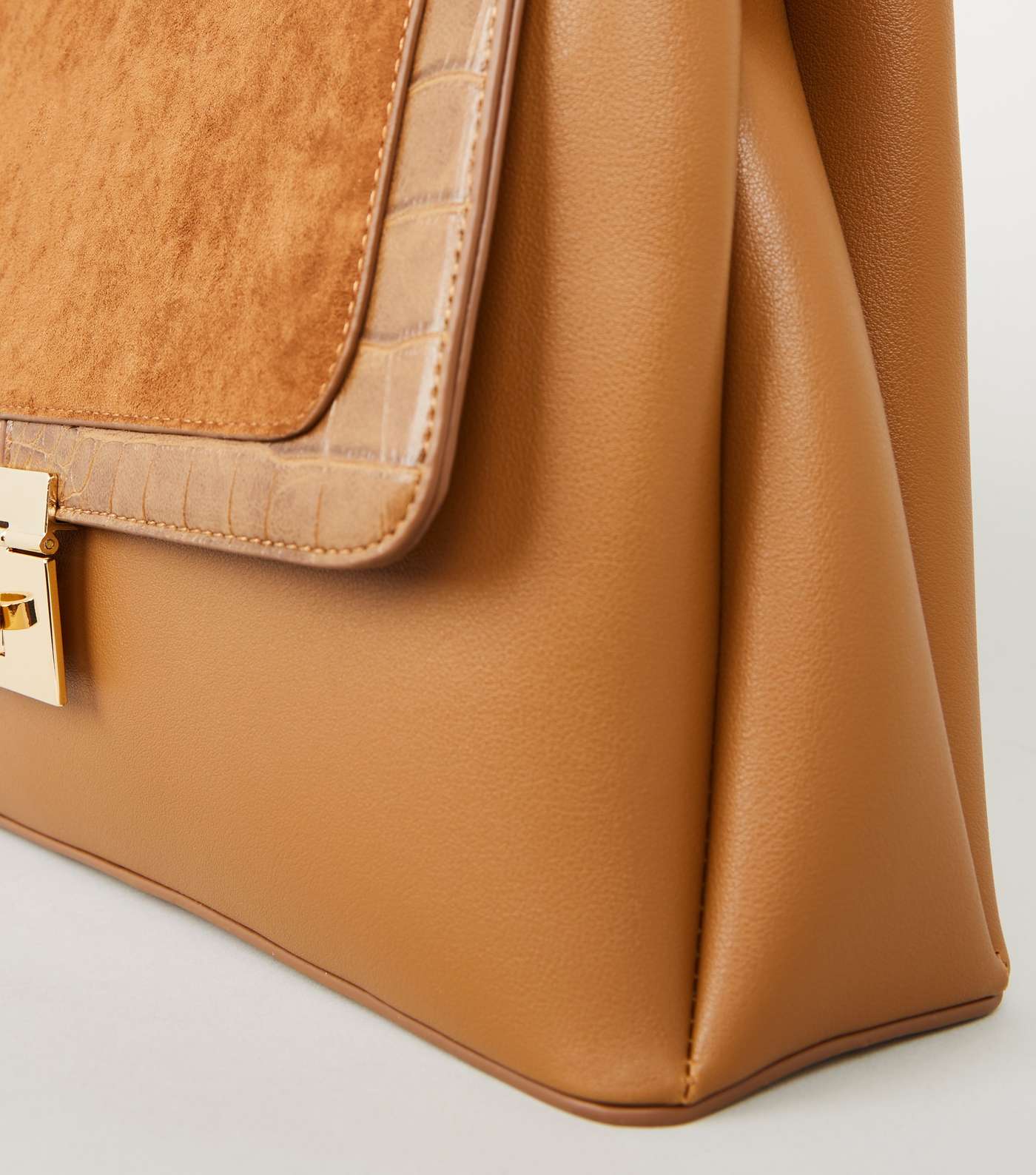 Tan Leather-Look Mixed Panel Satchel Image 3
