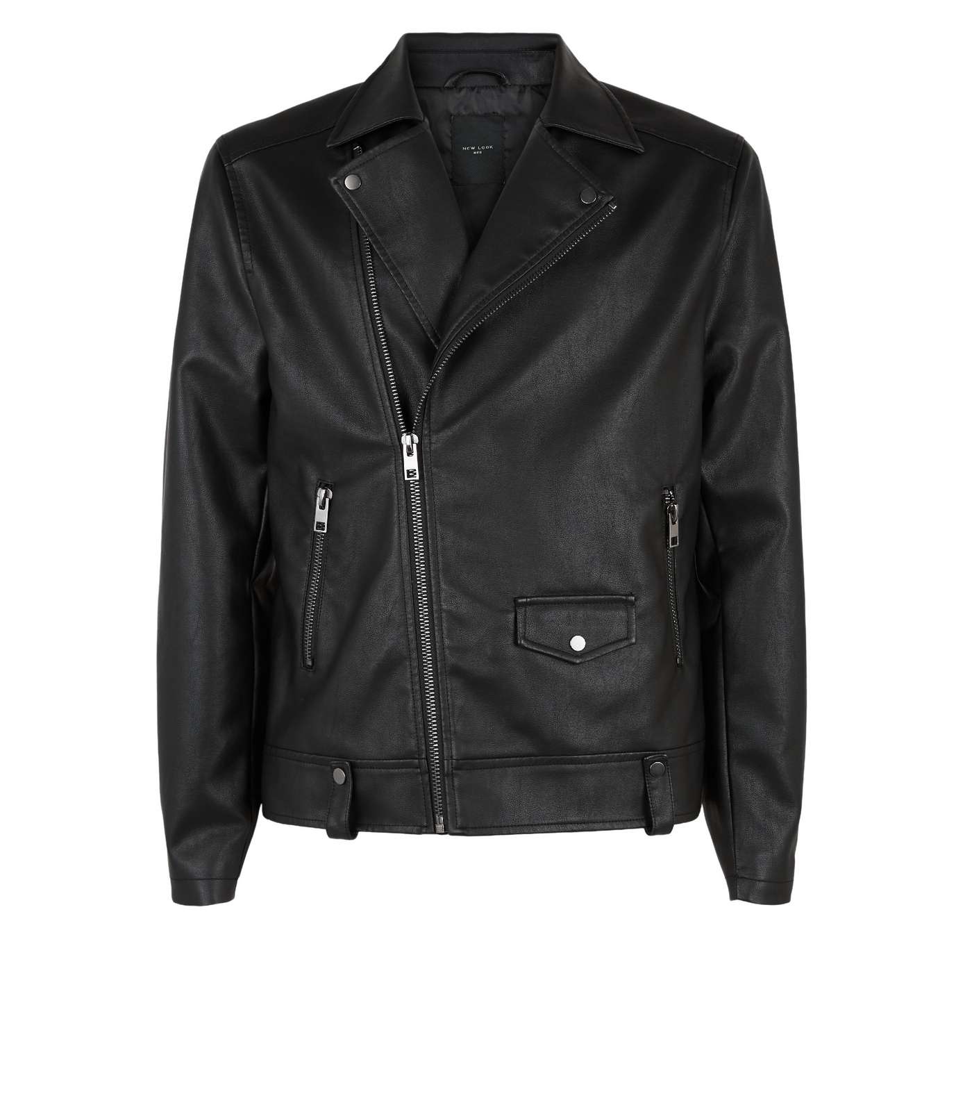 Black Leather-Look Asymmetric Biker Jacket Image 4