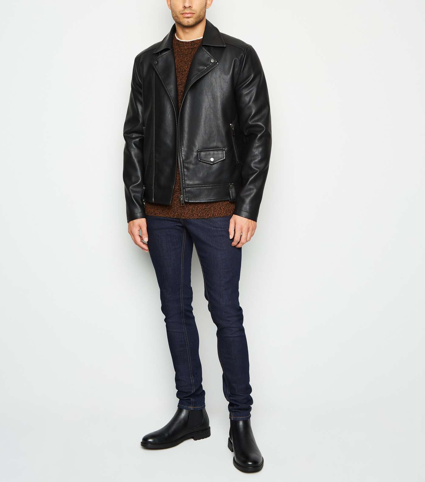 Black Leather-Look Asymmetric Biker Jacket Image 2