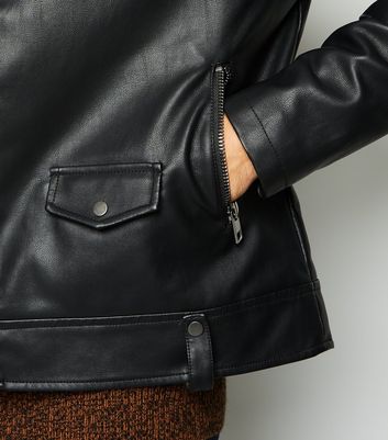 Image of Black Leather-Look Asymmetric Biker Jacket New Look Vegan