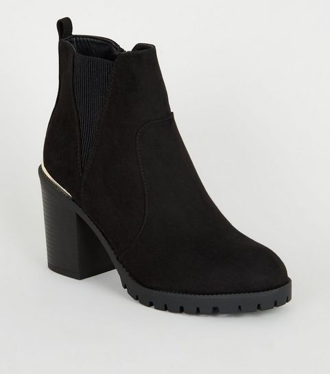 Wide Fit Black Suedette Cleated Ankle Boots