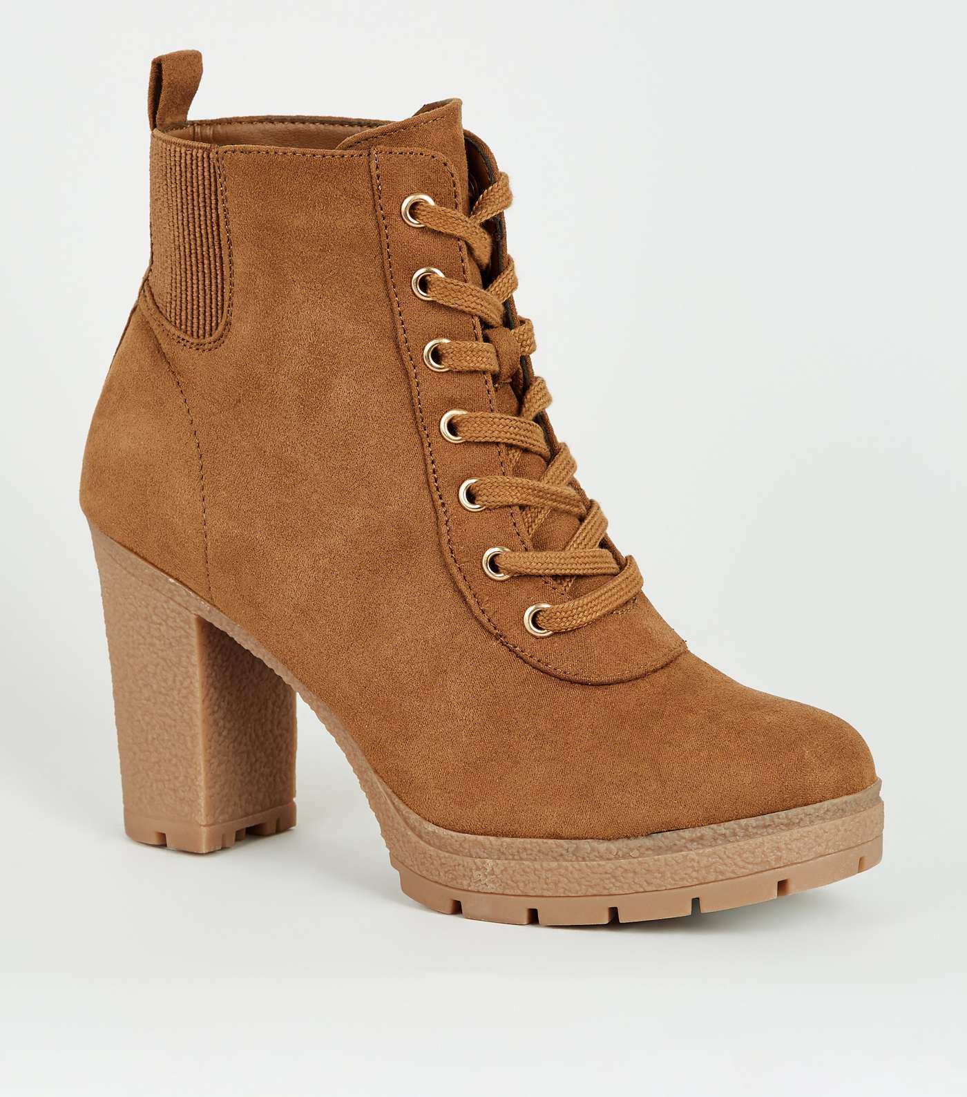 Wide Fit Tan Lace Up Heeled Hiker Boots