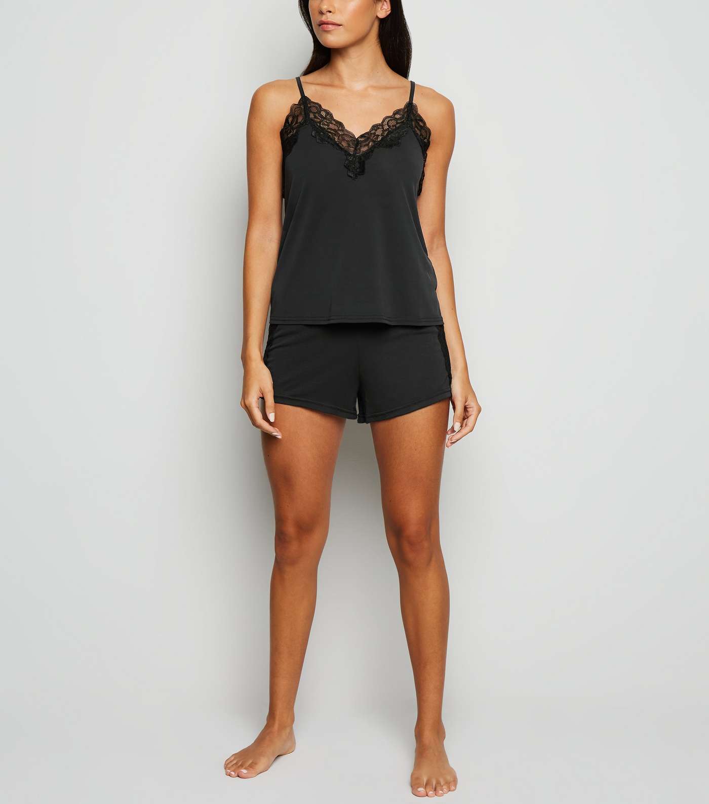 Black Lace Trim Cami and Shorts Pyjama Set Image 2