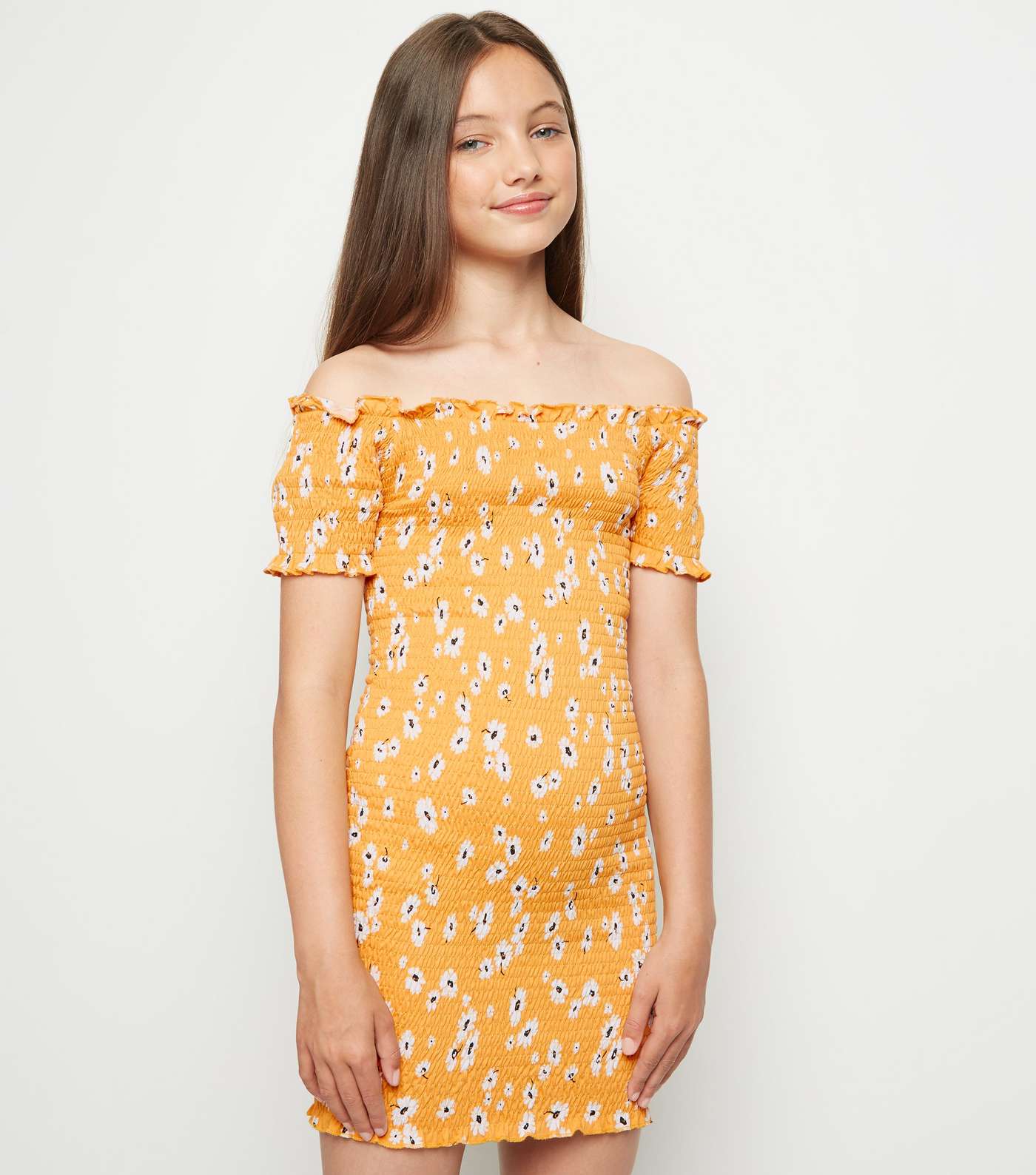 Girls Yellow Floral Shirred Bodycon Dress