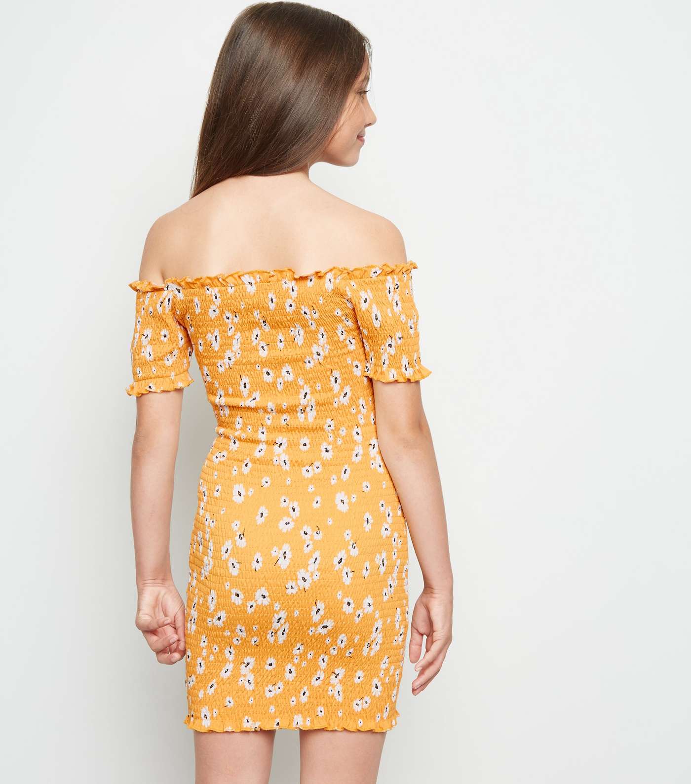 Girls Yellow Floral Shirred Bodycon Dress Image 3