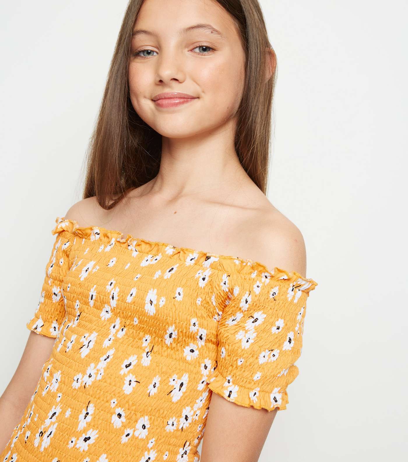 Girls Yellow Floral Shirred Bodycon Dress Image 5