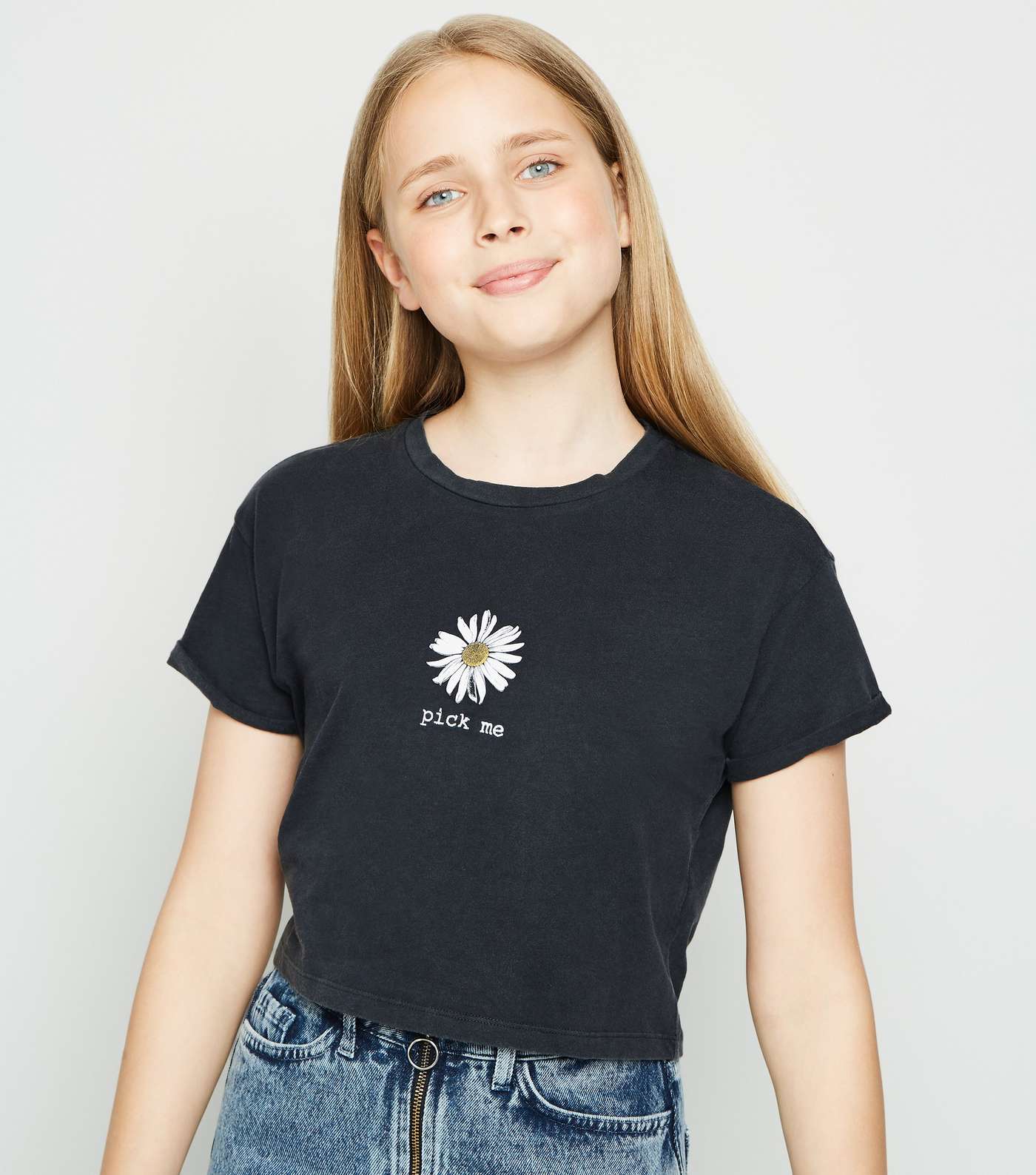 Girls Dark Grey Acid Wash Daisy Slogan T-Shirt