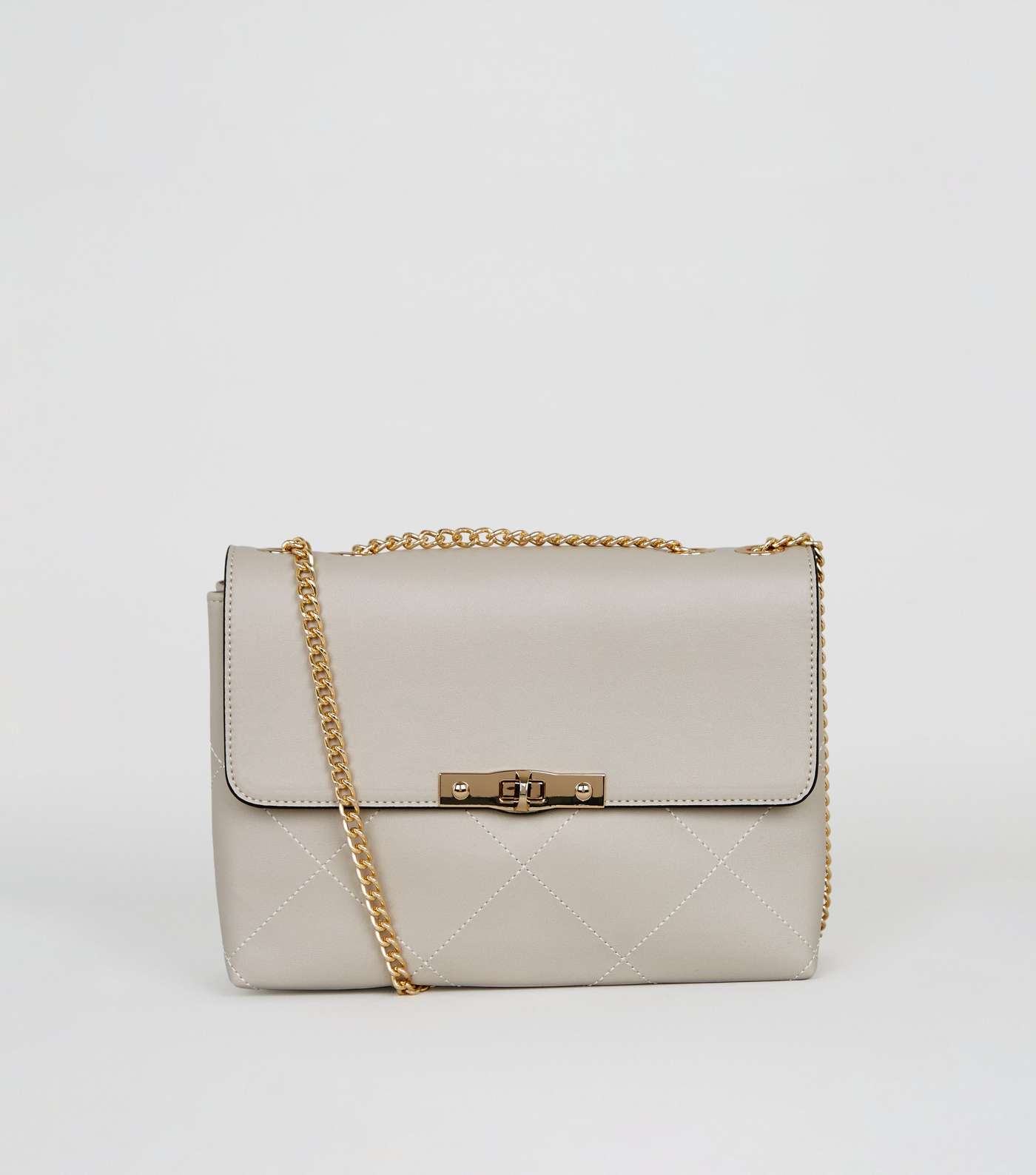 Grey Leather-Look Quilted Chain Shoulder Bag