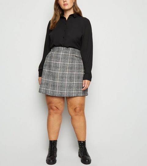 Curves Black Check Brushed Zip Skirt