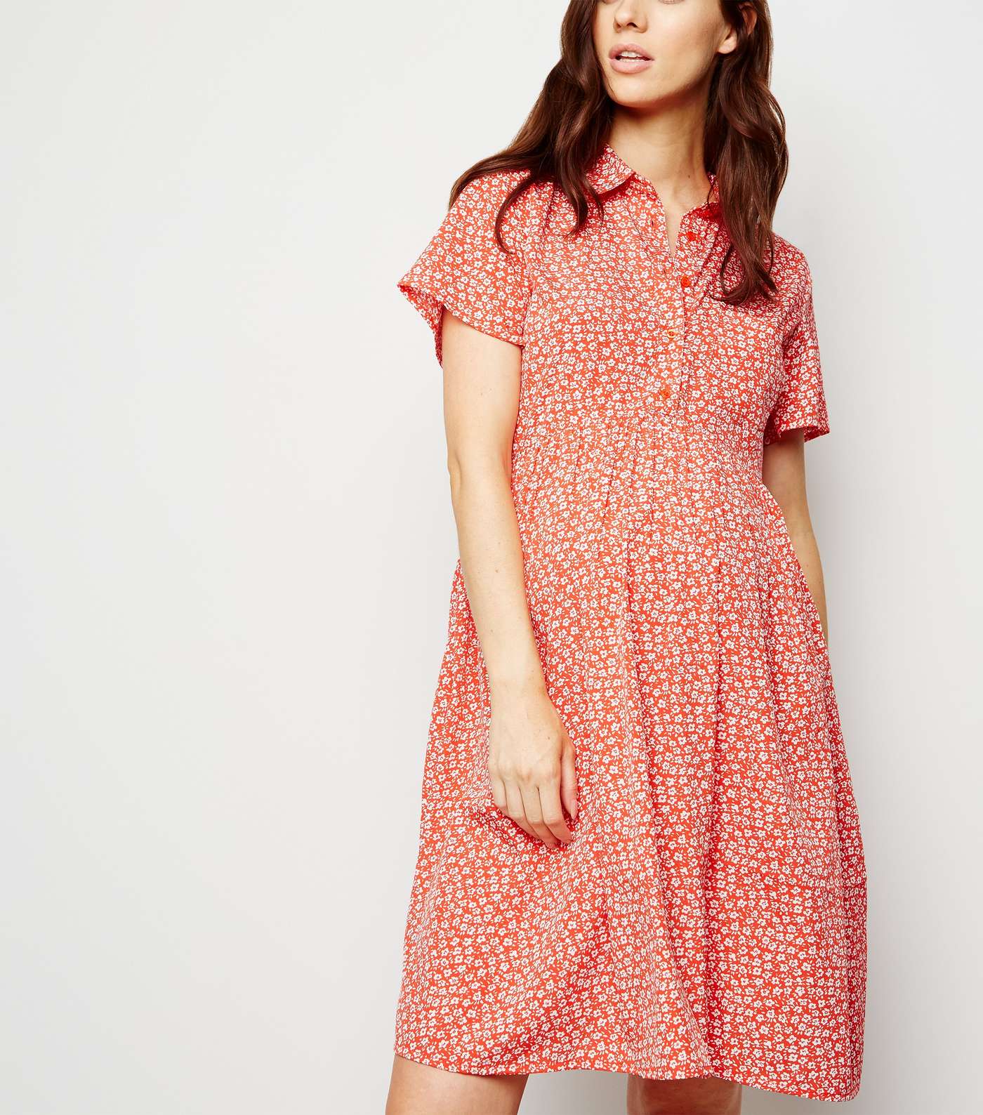 Maternity Red Ditsy Floral Shirt Dress Image 2