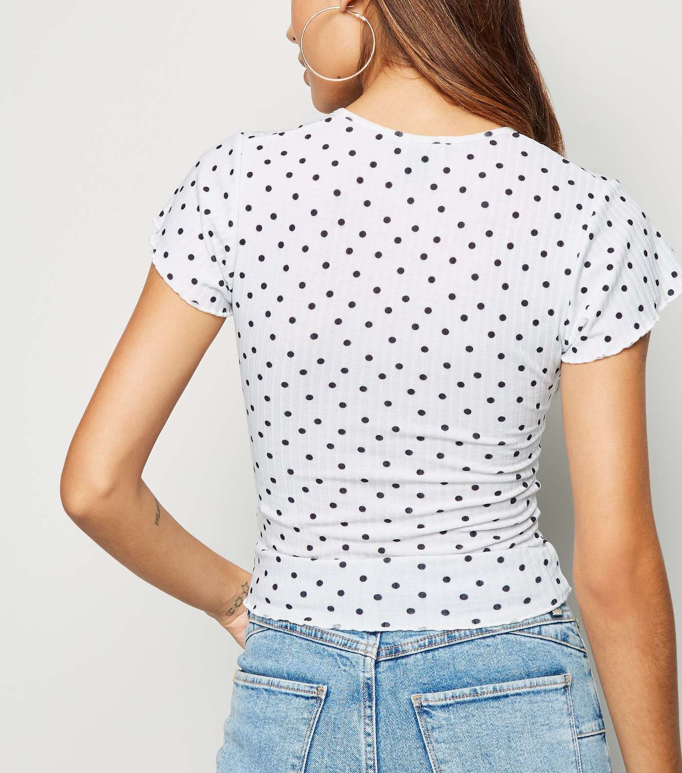 White Ribbed Spot Print Ruched Top Image 3