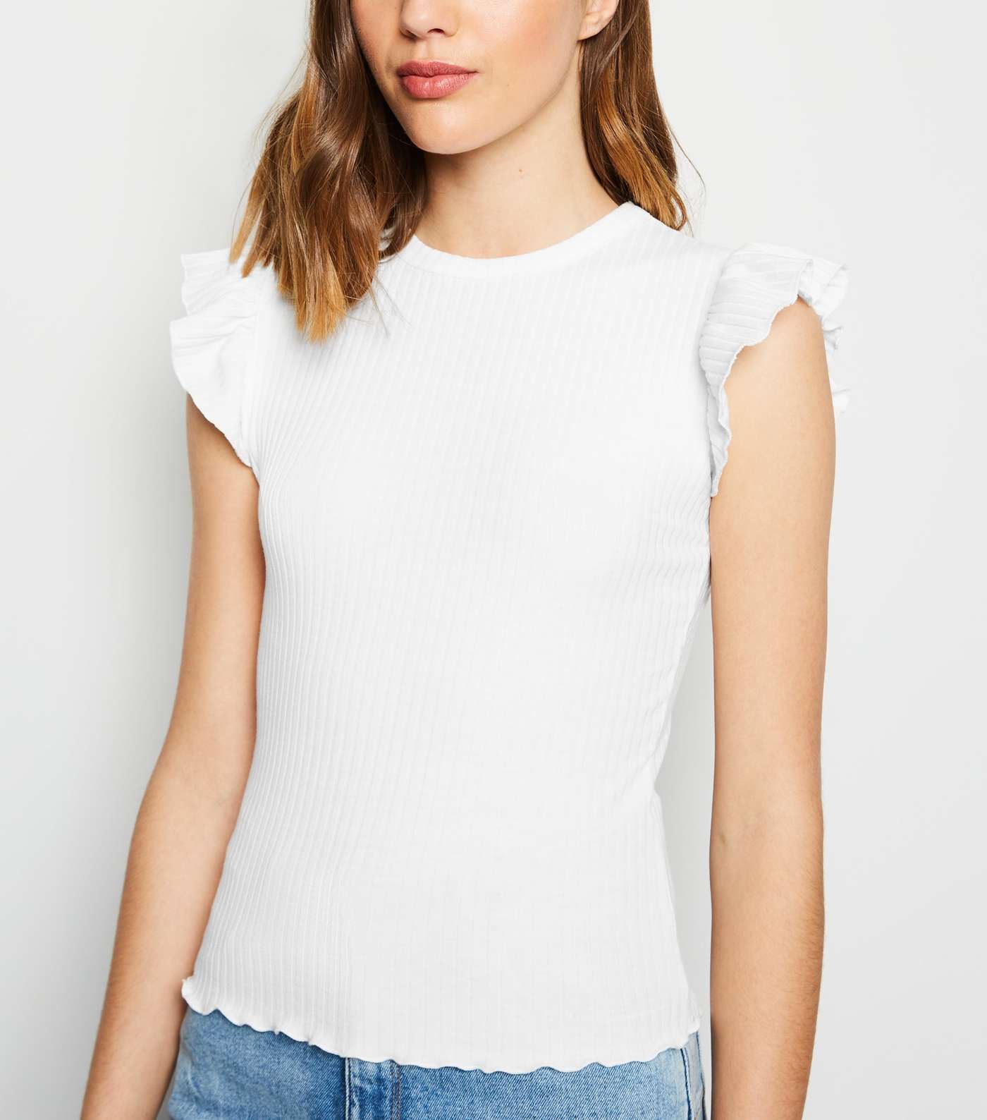 White Frill Sleeve Ribbed T-Shirt