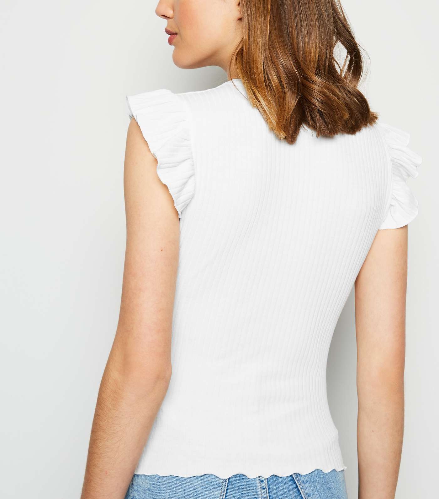 White Frill Sleeve Ribbed T-Shirt Image 3