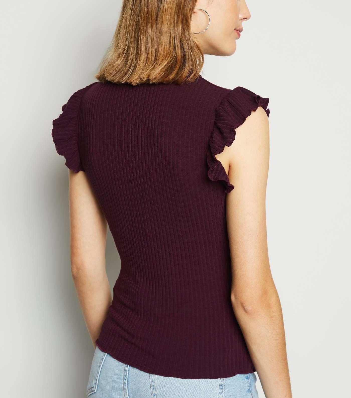 Burgundy Frill Sleeve Ribbed T-Shirt Image 3
