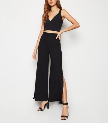Black Ribbed Side Split Wide Leg 
