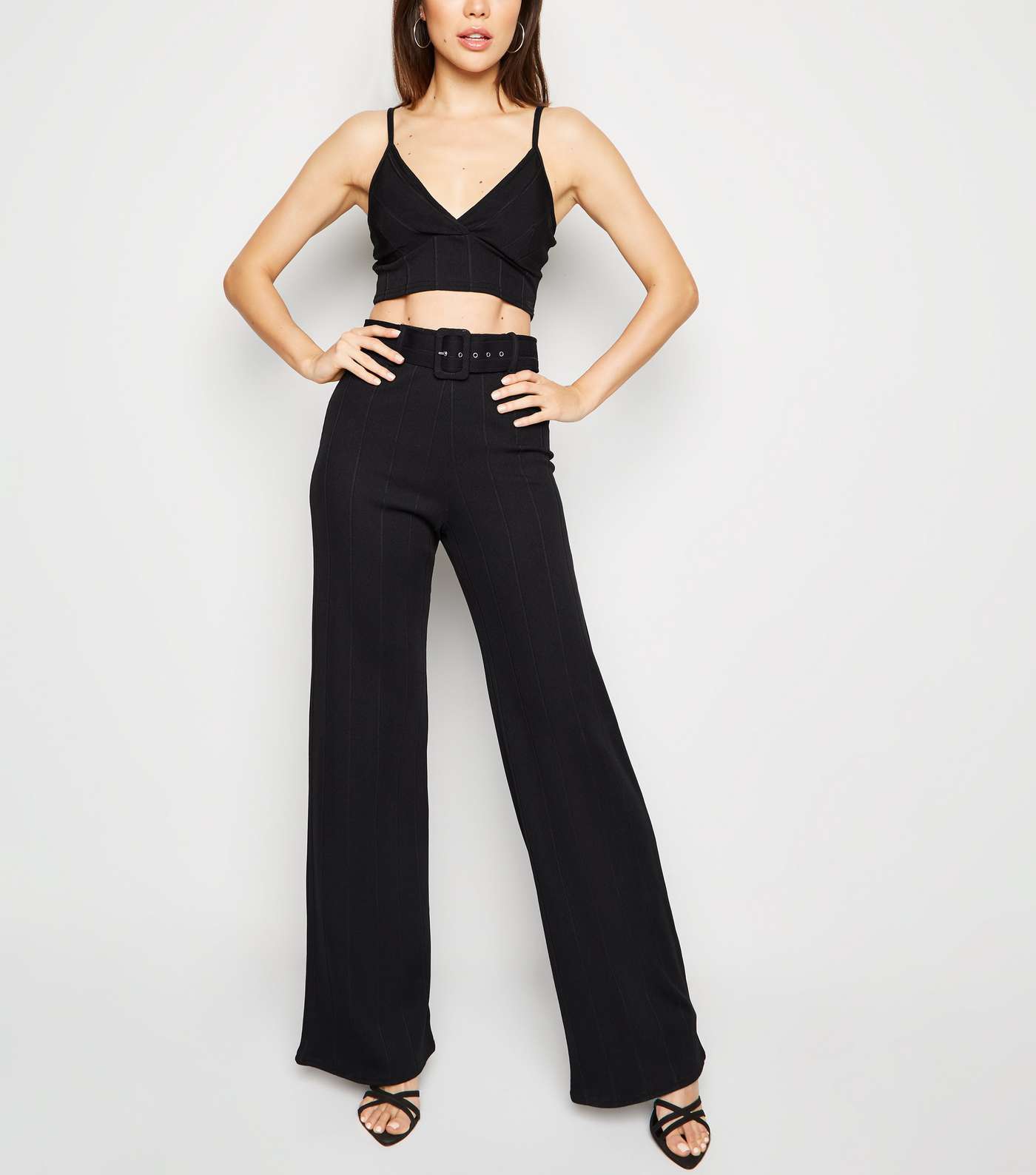 Black Ribbed Belted Wide Leg Trousers