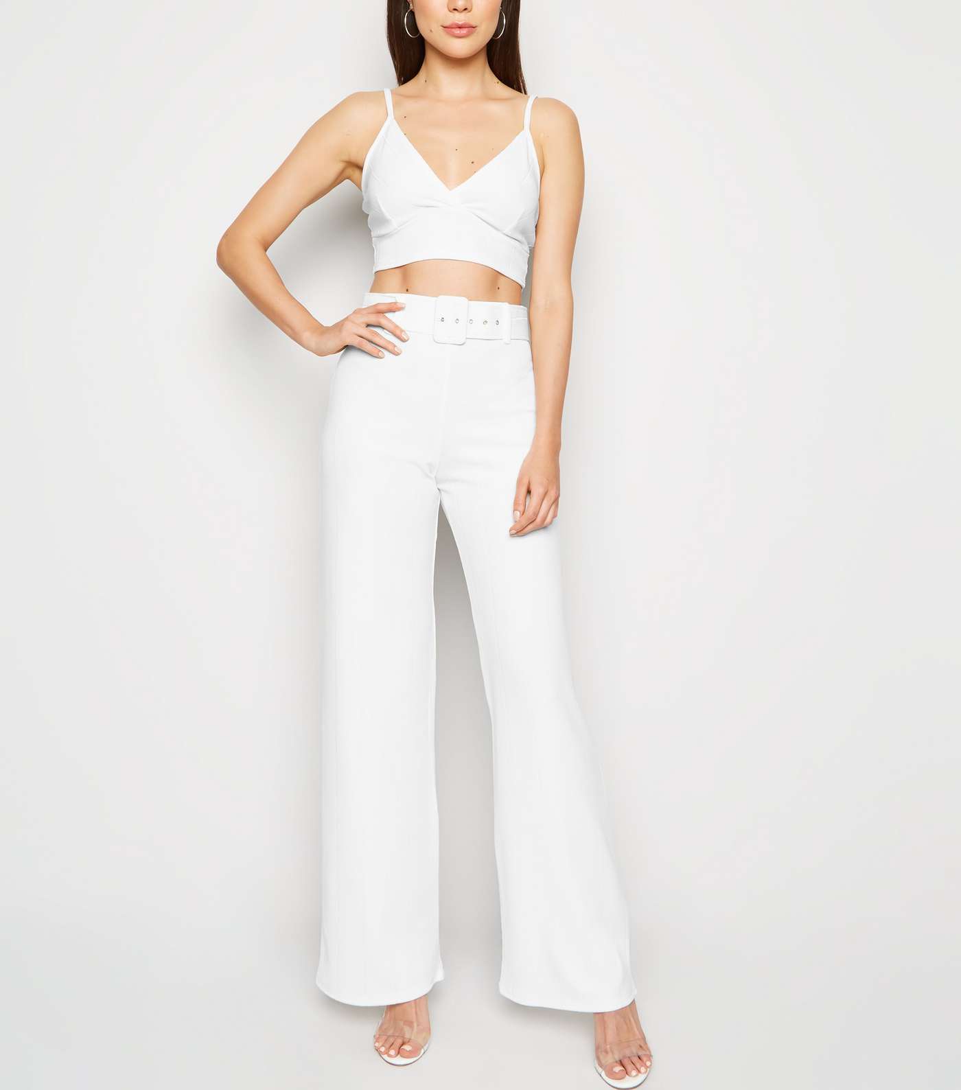 White Ribbed Belted Wide Leg Trousers