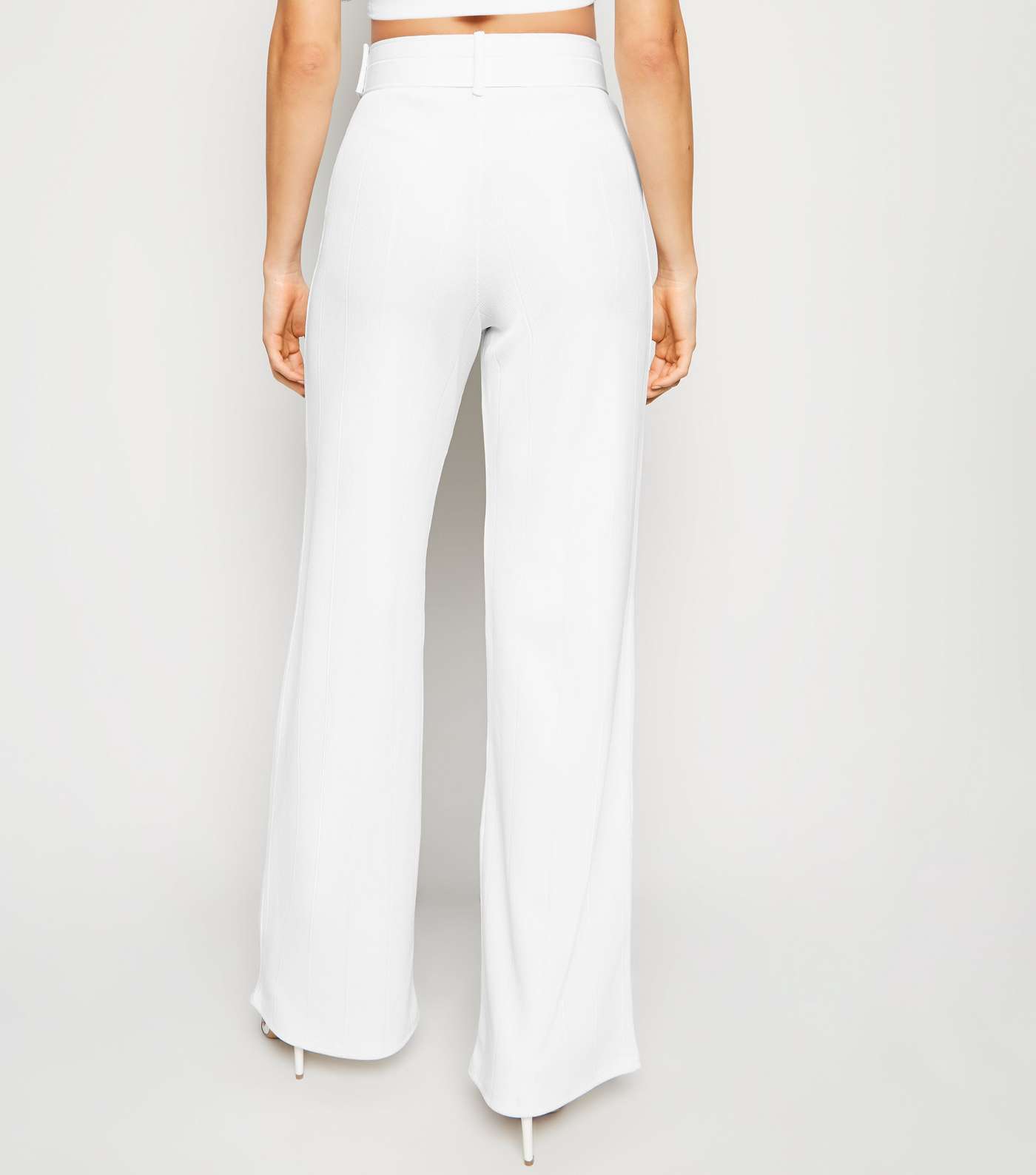 White Ribbed Belted Wide Leg Trousers Image 3