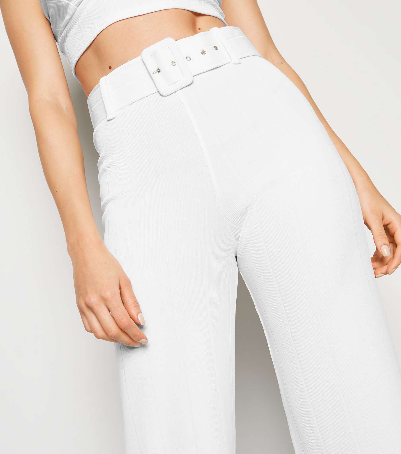 White Ribbed Belted Wide Leg Trousers Image 5