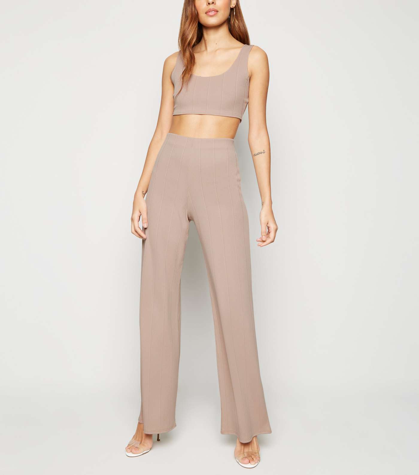Stone Ribbed Wide Leg Trousers