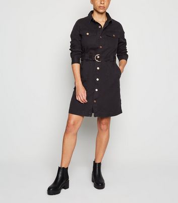 Petite Black Denim D Ring Belted Shirt Dress New Look