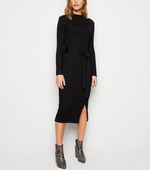 Black Ribbed Tie Waist Midi Dress