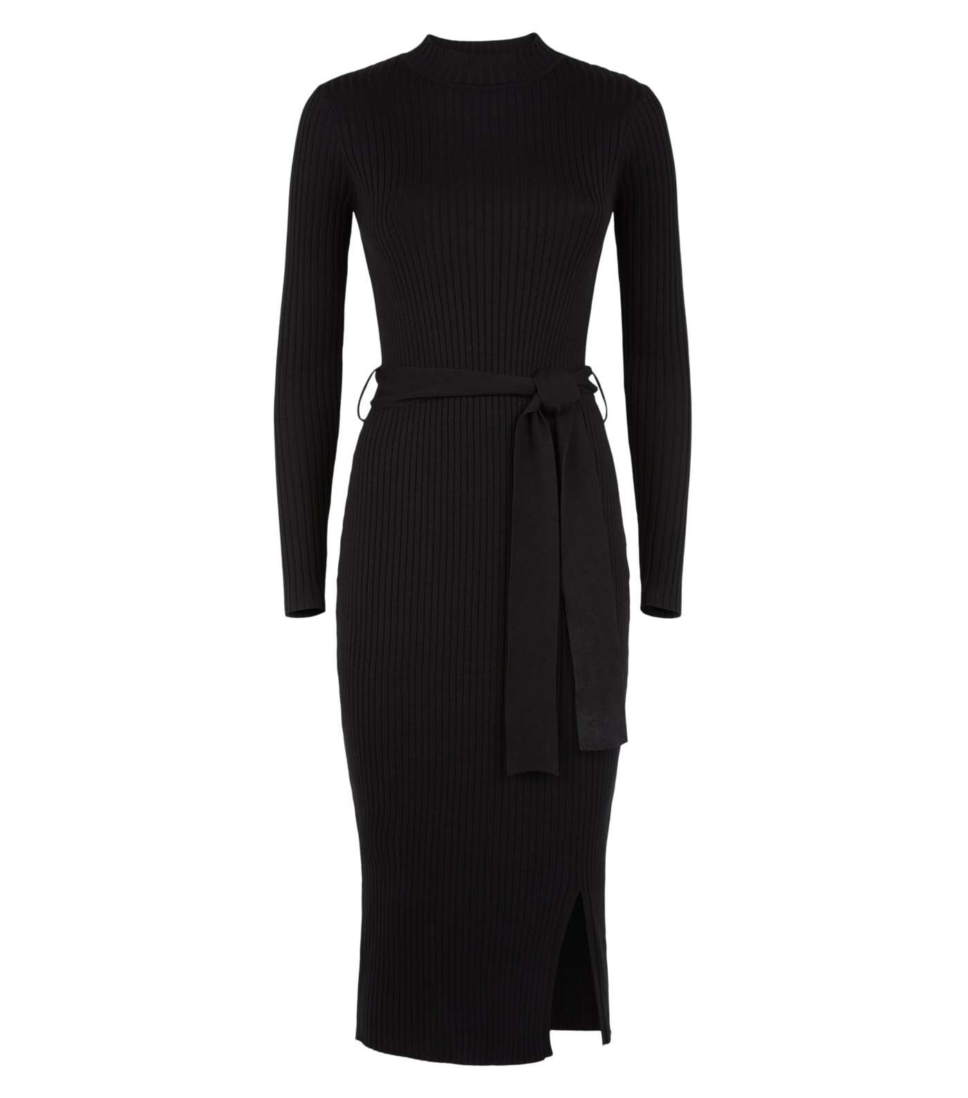 Black Ribbed Tie Waist Midi Dress Image 4