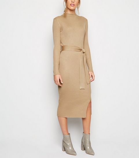 Camel Ribbed Tie Waist Midi Dress