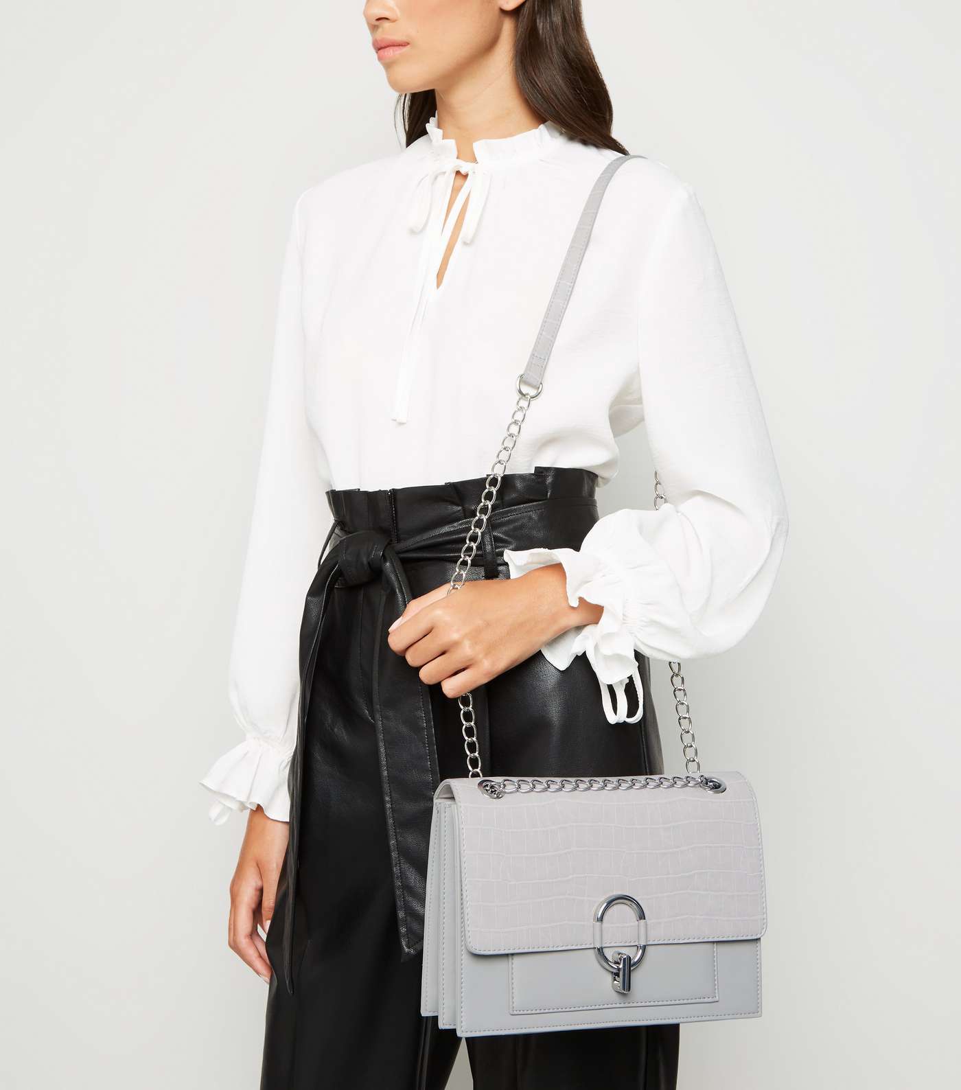 Grey Leather-Look Faux Croc Shoulder Bag Image 2