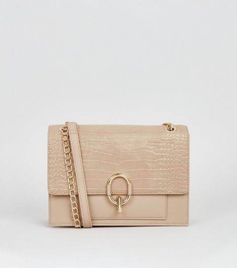 Camel Leather-Look Faux Croc Shoulder Bag