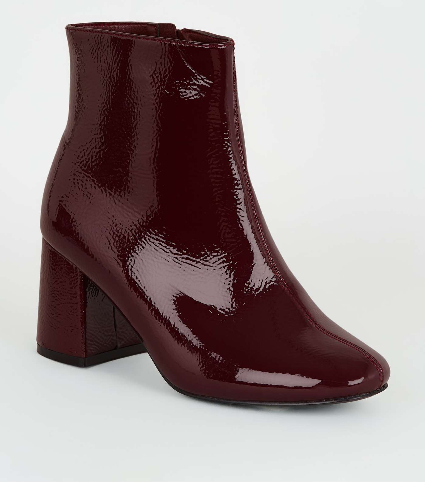 Wide Fit Dark Red Patent Flared Heel Ankle Boots