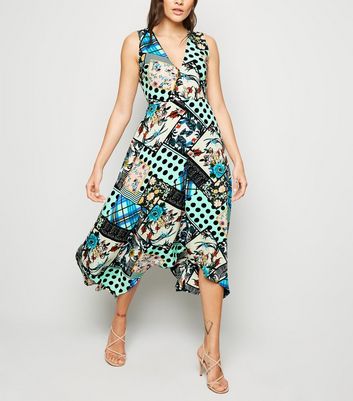 AX Paris Blue Satin Patchwork Midi Dress | New Look