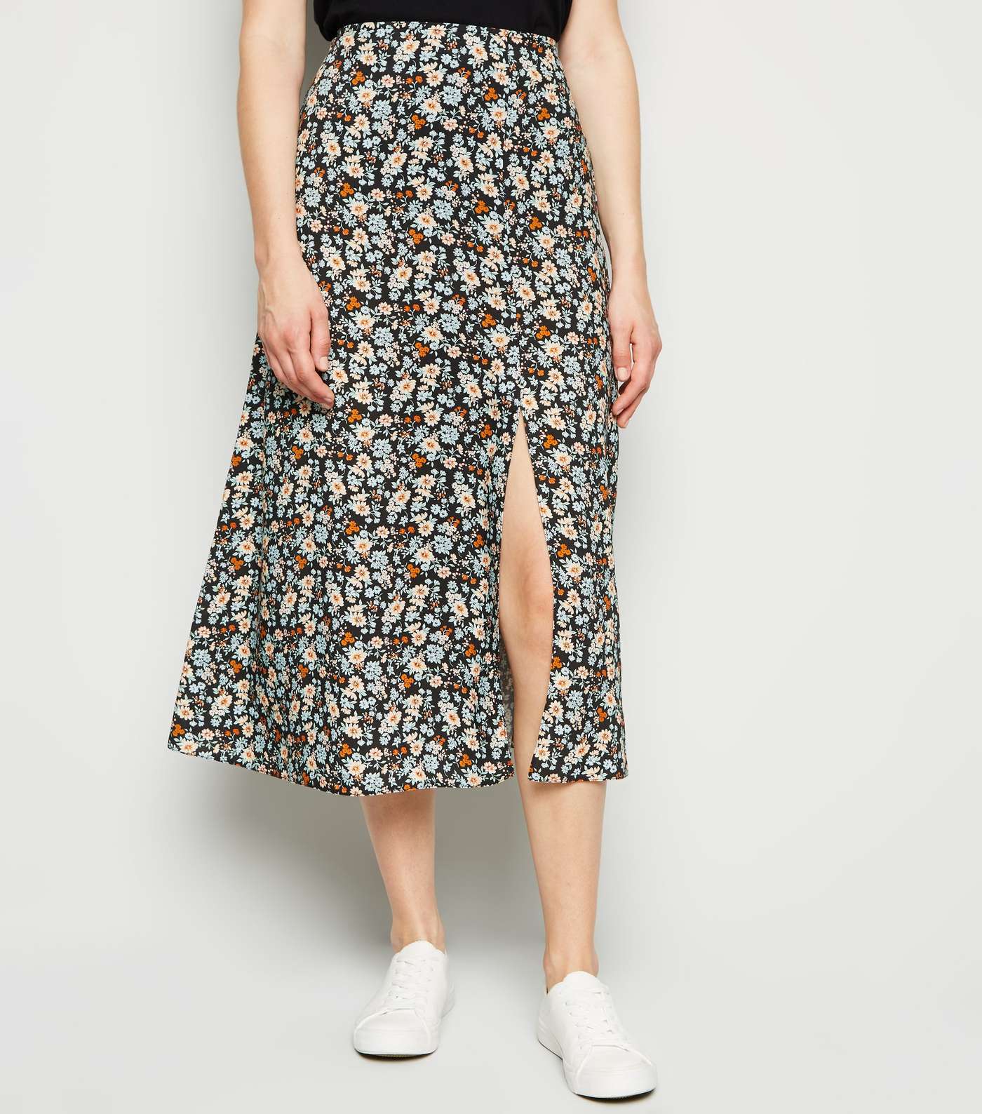 Black Floral Side Split Midi Skirt Image 2