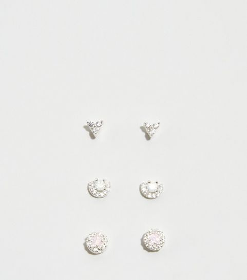 3 Pack Silver Cubic Zirconia Stud Earrings