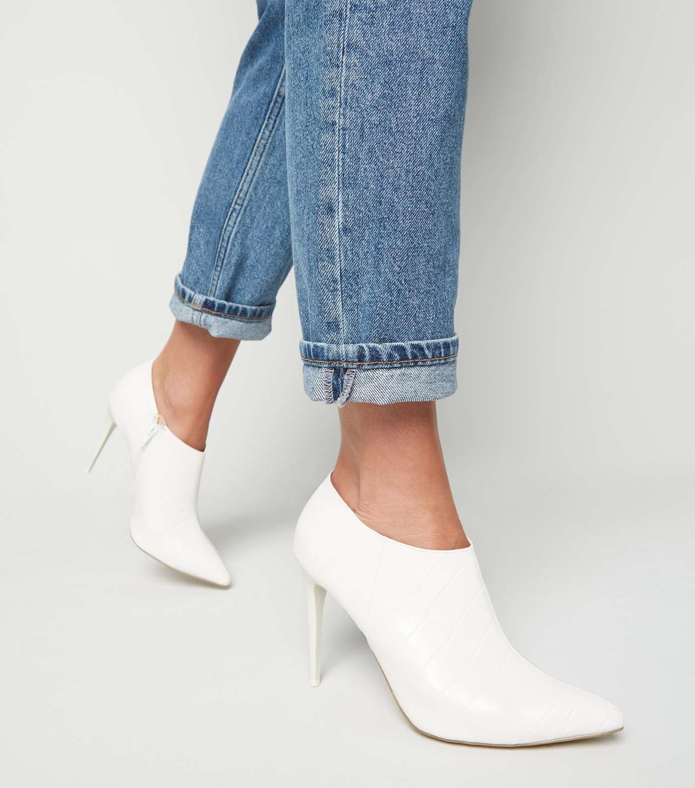 White Faux Croc Pointed Shoe Boots Image 2