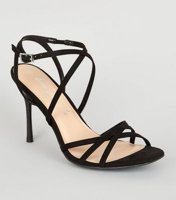 Black Strappy Square Toe Heels | New Look