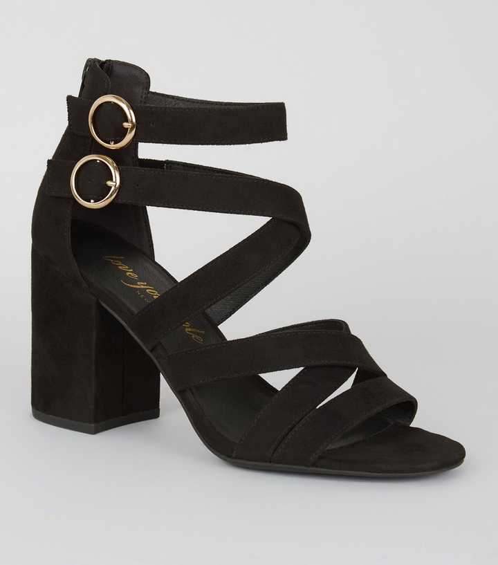 Black Strappy Buckle Block Heels