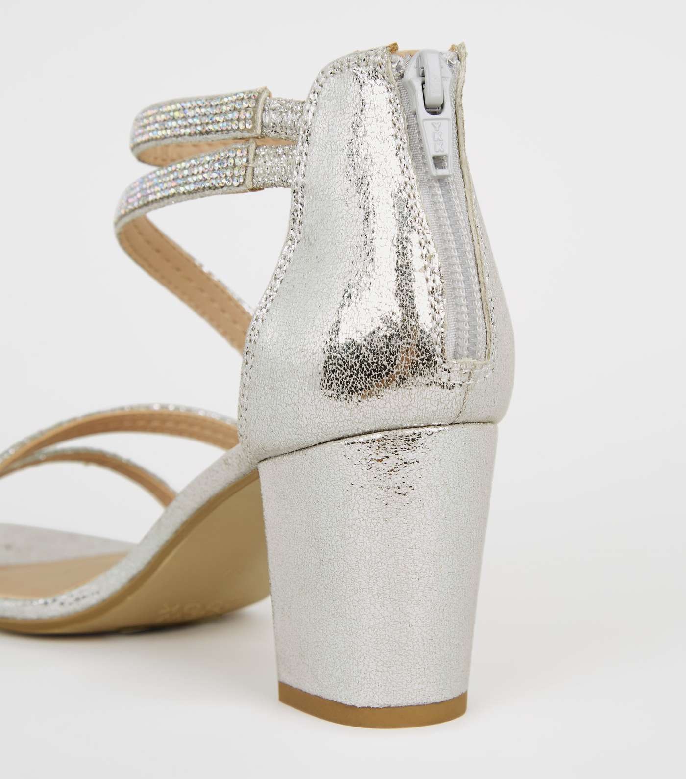 Girls Silver Glitter Diamante Block Heels Image 4