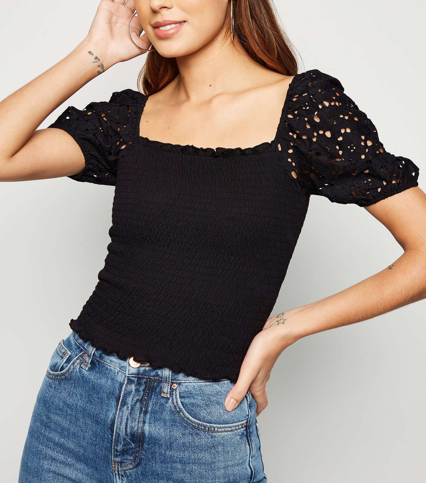 Black Lace Shirred Milkmaid Top