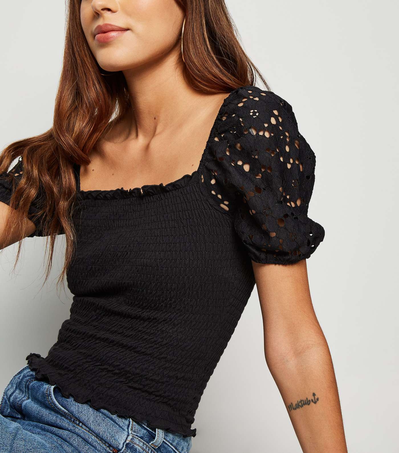 Black Lace Shirred Milkmaid Top Image 5