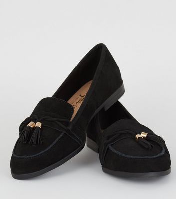 black suede tassel loafers