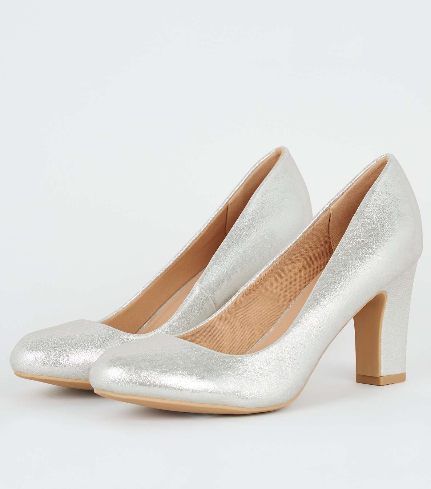 Wide Fit Silver Shimmer Block Heel Courts Image 4