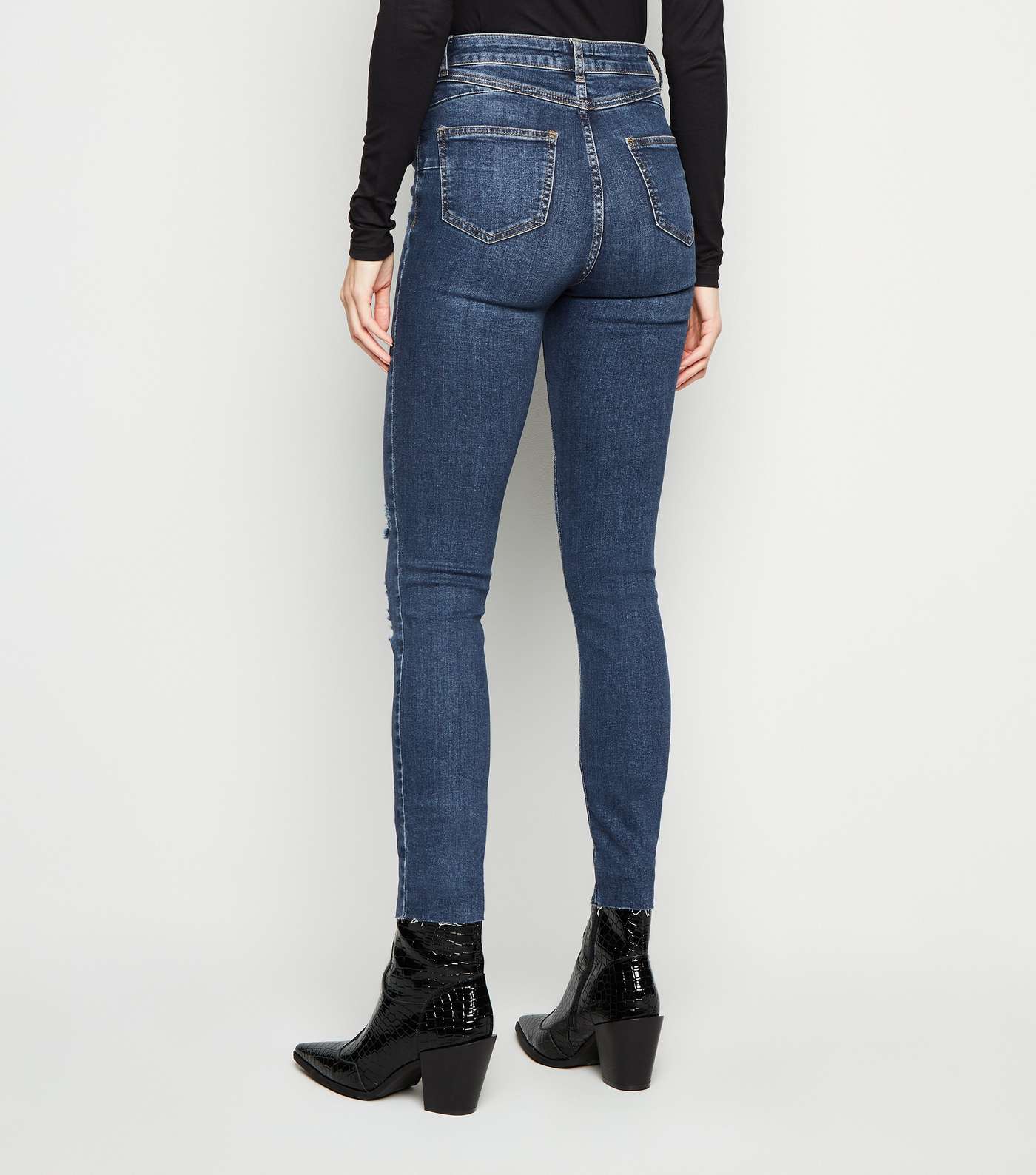Tall Blue High Rise Ripped 'Lift & Shape' Skinny Jeans Image 3