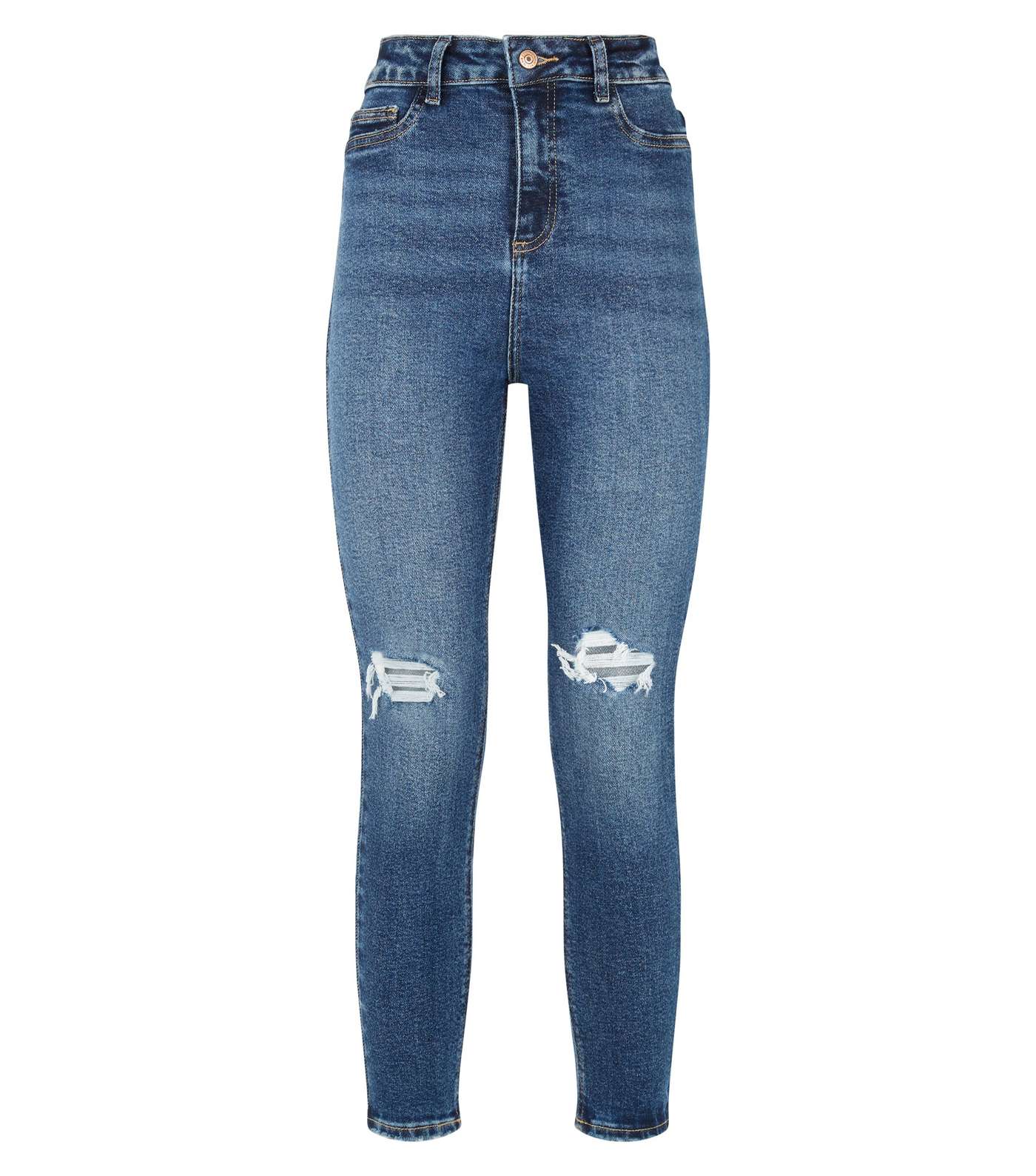 Petite Blue Rinse Wash Ripped High Waist Super Skinny Jeans Image 4