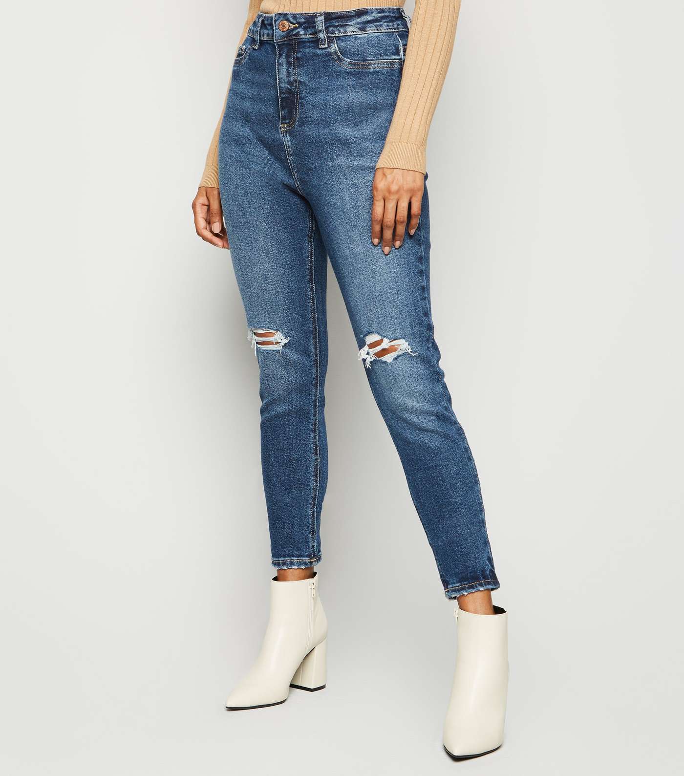 Petite Blue Rinse Wash Ripped High Waist Super Skinny Jeans Image 2